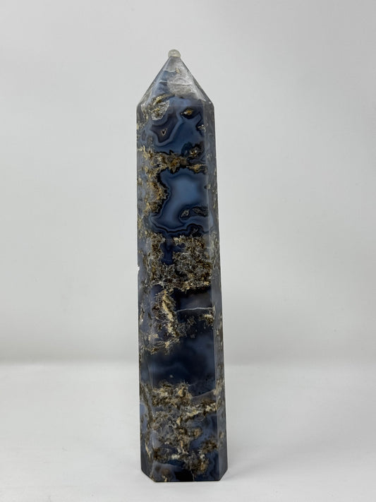 Blue Moss Agate Tower w/ Pyrite