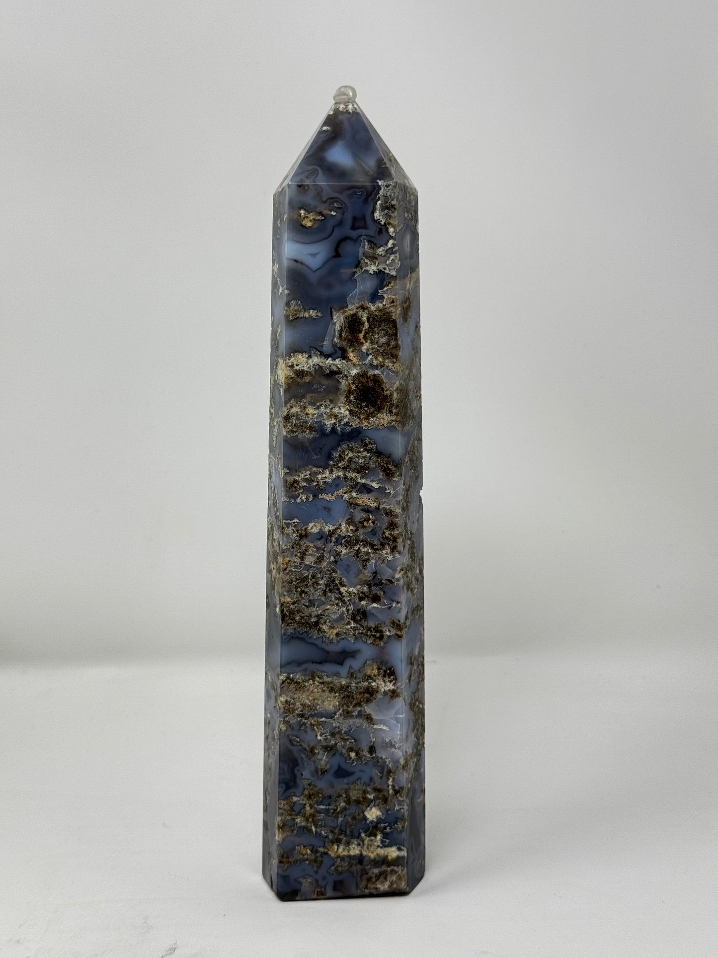 Blue Moss Agate Tower w/ Pyrite